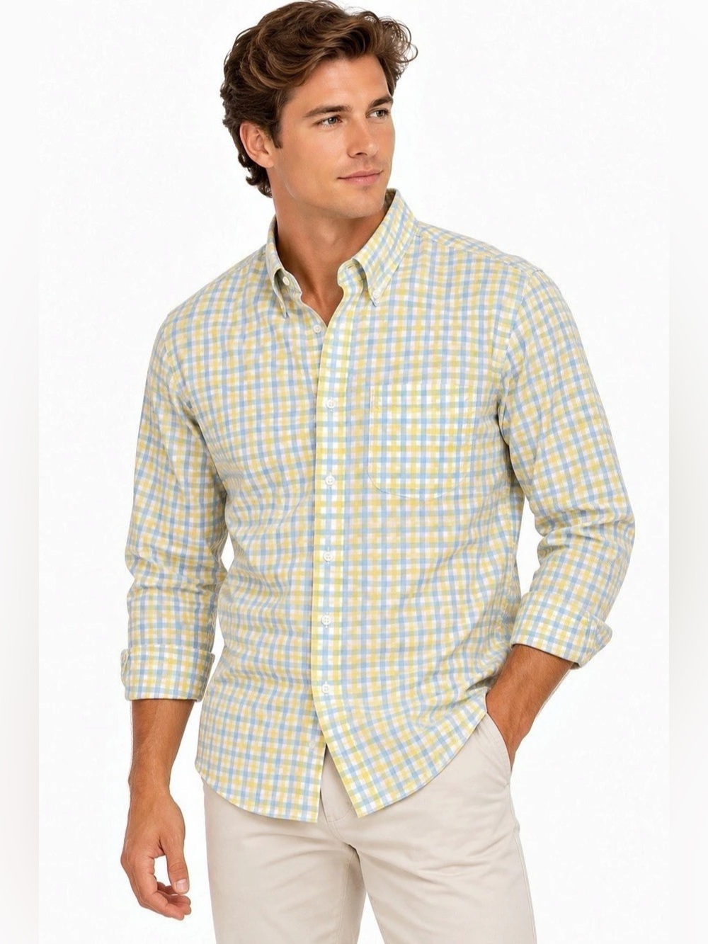 Lawrence Covell Gingham Button Down in Yellow & Blue Large Made in Italy Size L